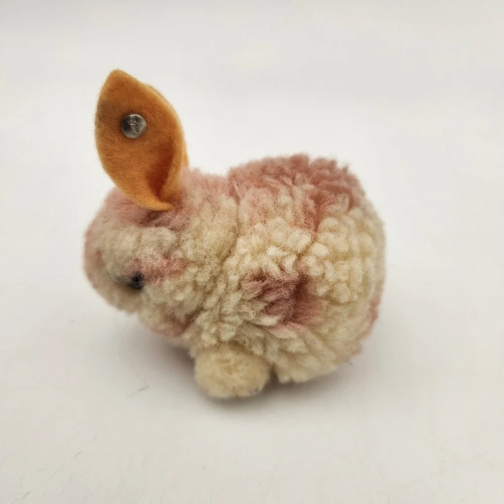 Vintage Steiff Pink Cream Wool Pompon Bunny Rabbit Miniature Metal Button Ear